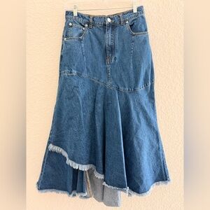 Maje Blue Asymmetrical Midi Denim Skirt | Frayed Hem Parisian Chic